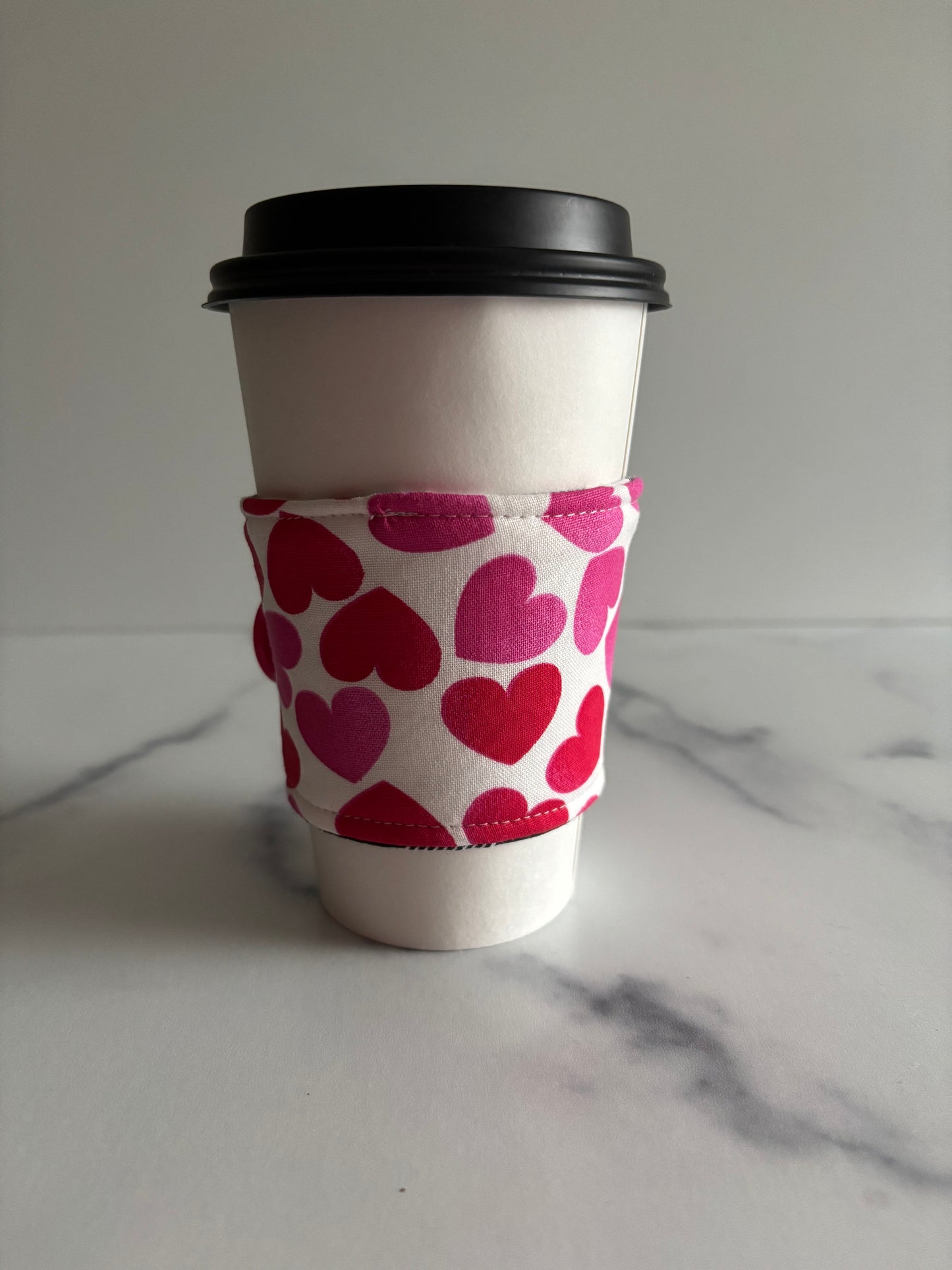 Hearts on White - Reusable Coffee Sleeve