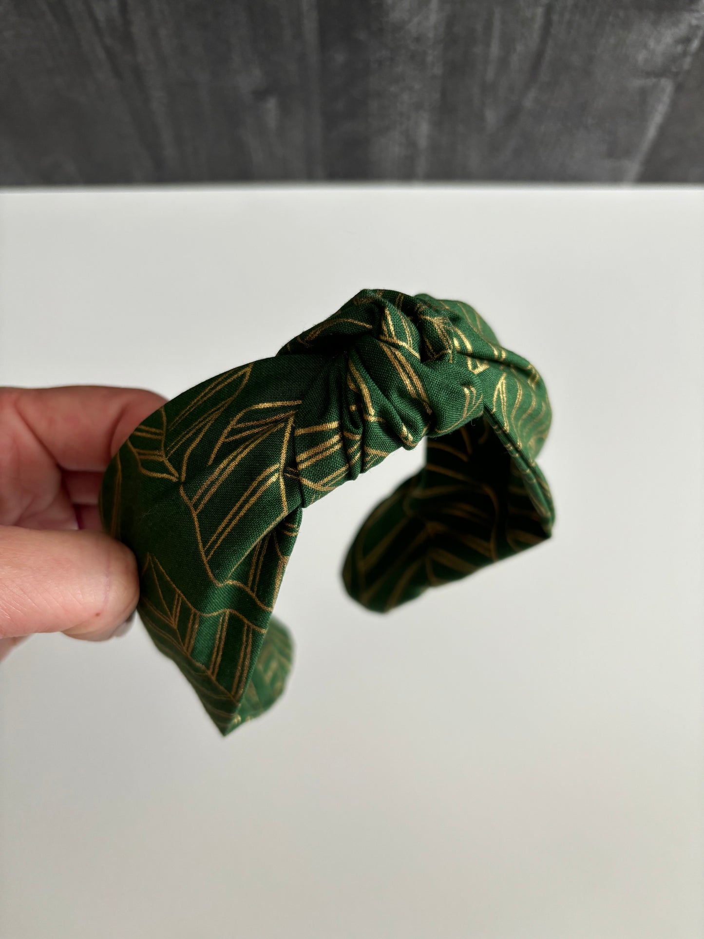 Sparkly Gold Leaf Print on Green - Knotted Headband