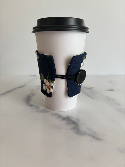 Magnolias on Navy - Reusable Coffee Sleeve