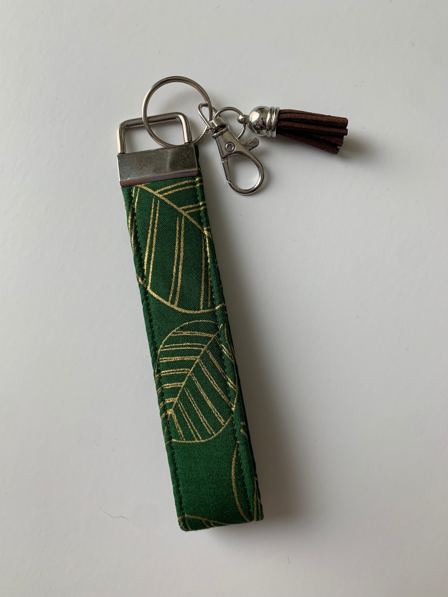 Sparkly Gold Leaf Print on Green - Keychain