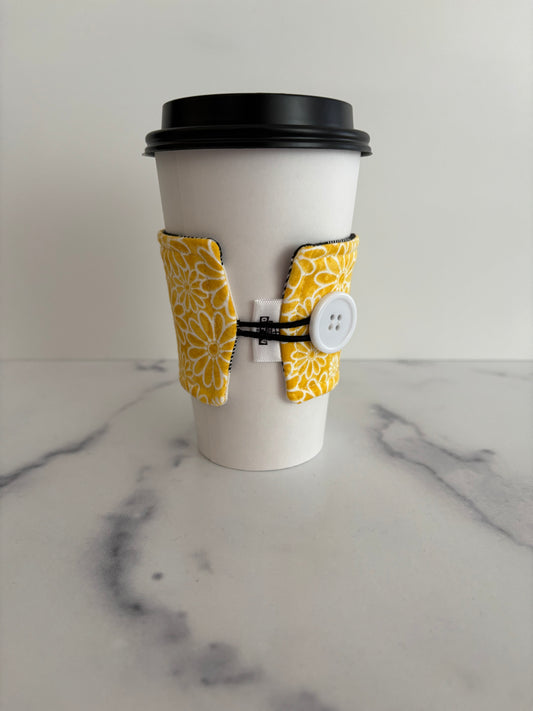 Yellow with White Daisies - Reusable Coffee Sleeve