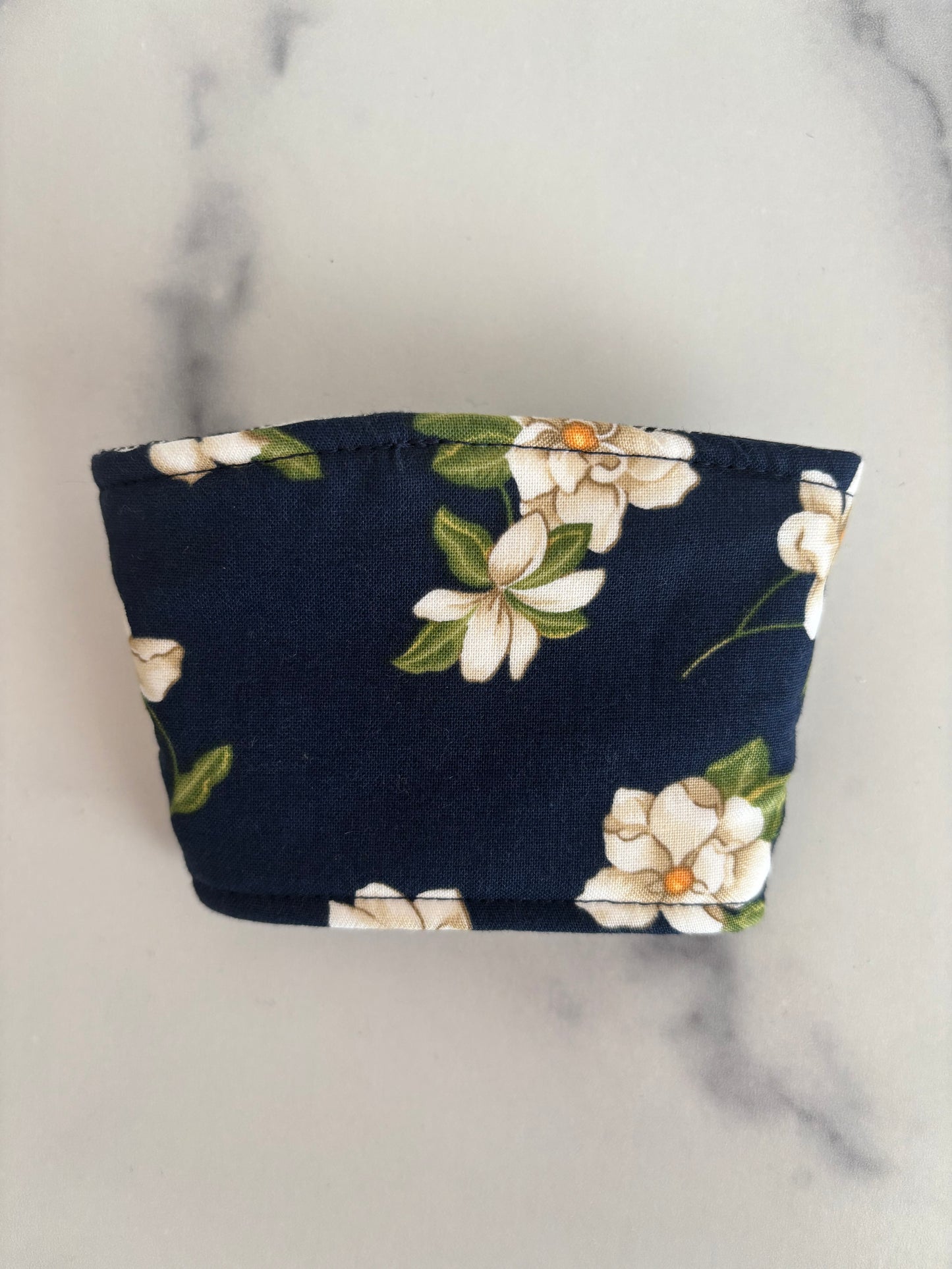 Magnolias on Navy - Reusable Coffee Sleeve