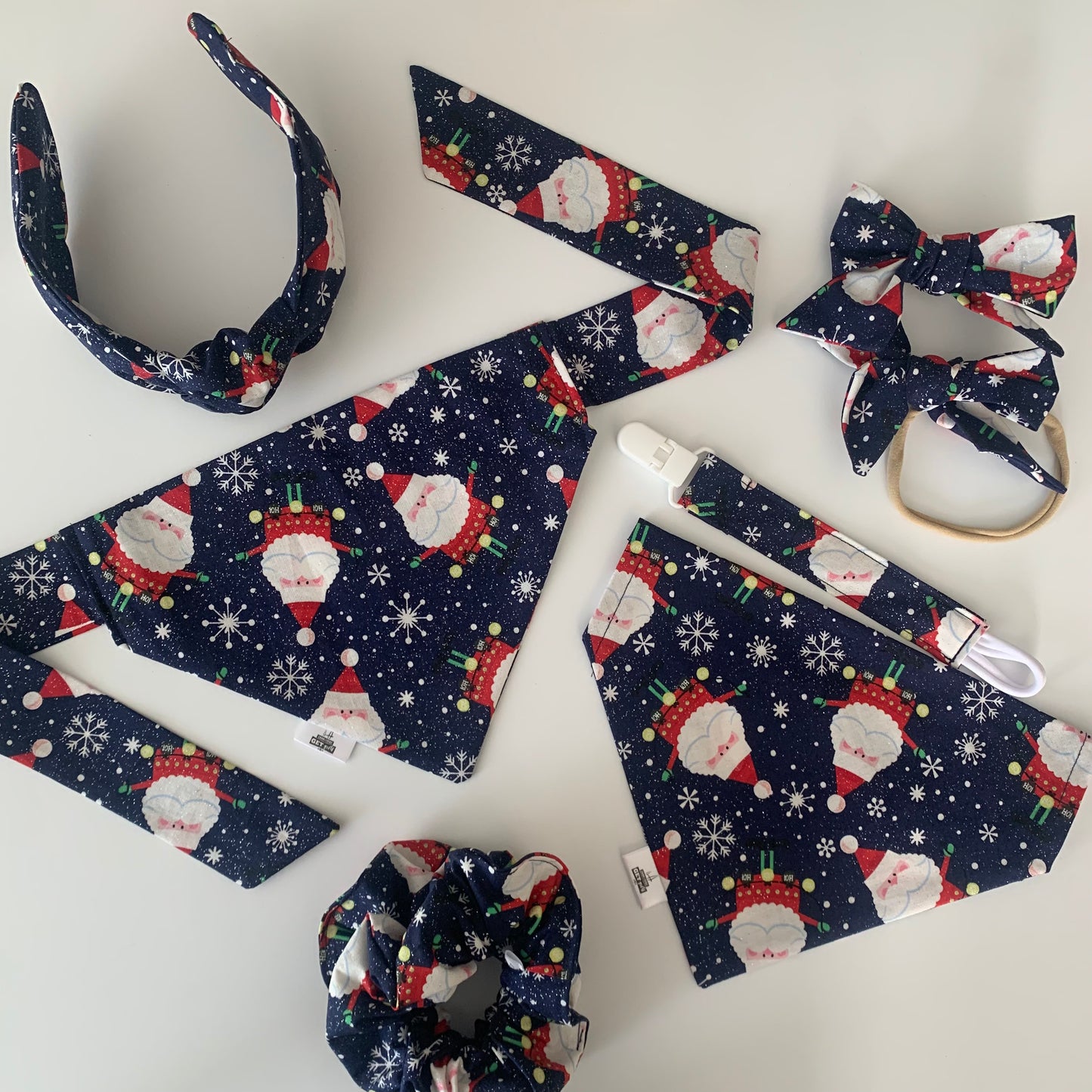 Sparkly Santas on Blue - Cotton Scrunchie