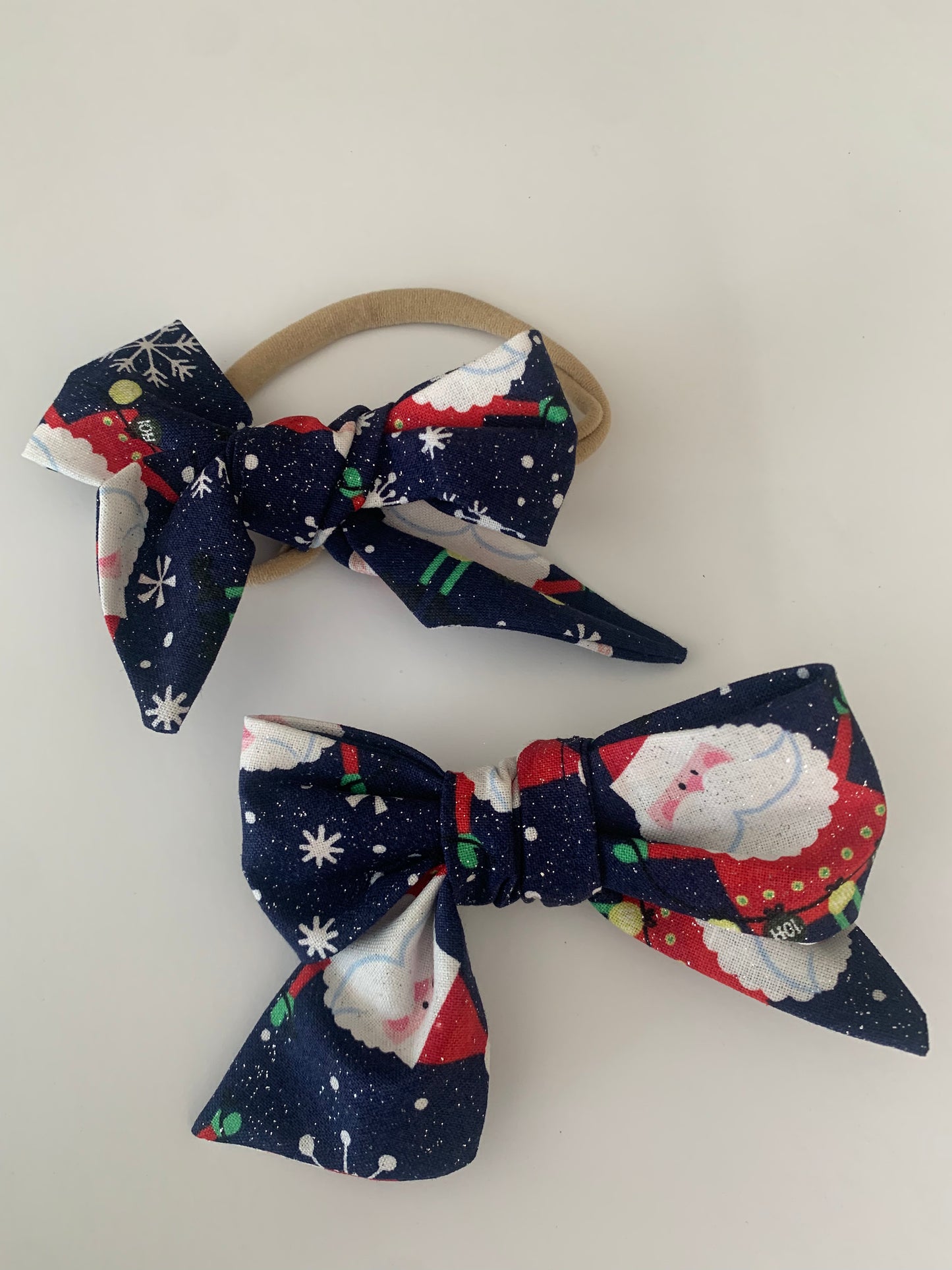 Sparkly Santas on Blue - Hair Bows