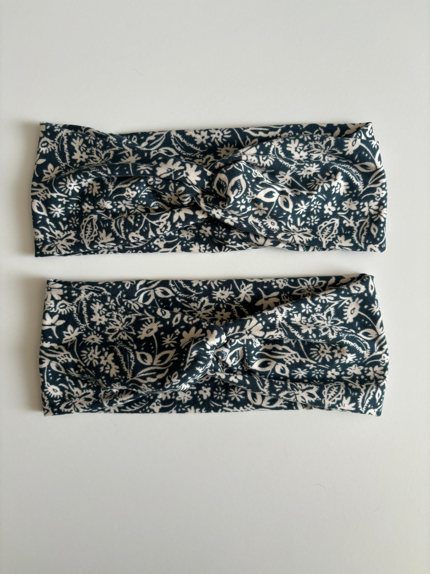 Ivory Flowers on Stone Blue - Twisted Knit Headbands