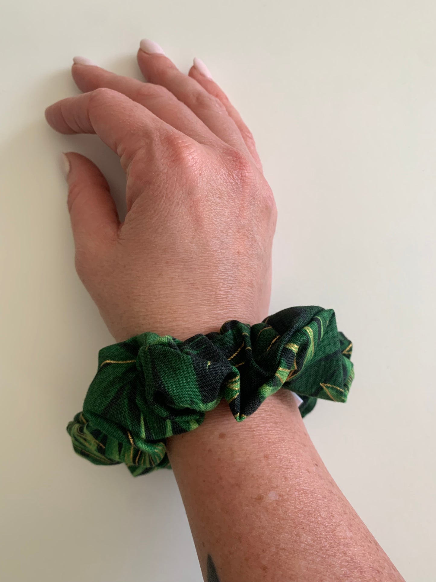 Sparkly Green and Gold Ferns - Cotton Scrunchie