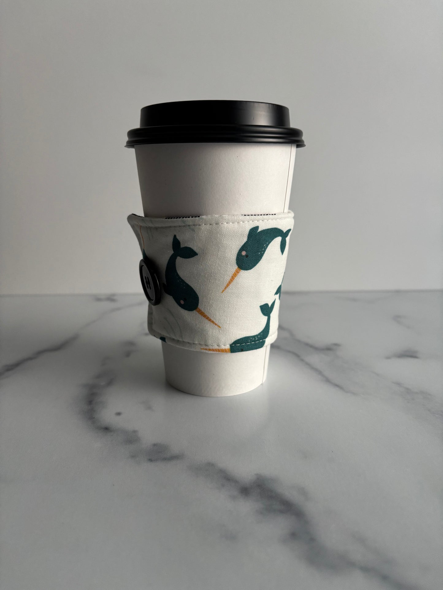 Narwhals on White - Reusable Coffee Sleeve