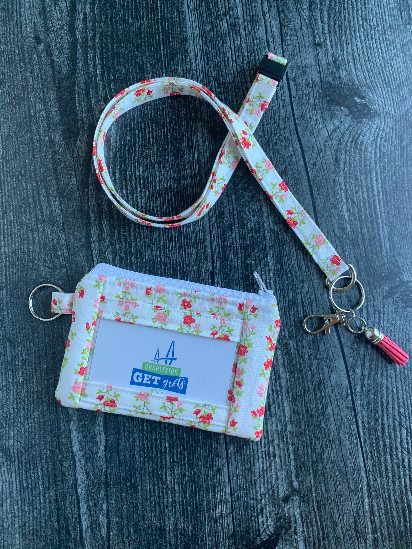 Sunday Stroll Freshly Cut Floral Stripe in Red - Lanyard/Keychain Wallet