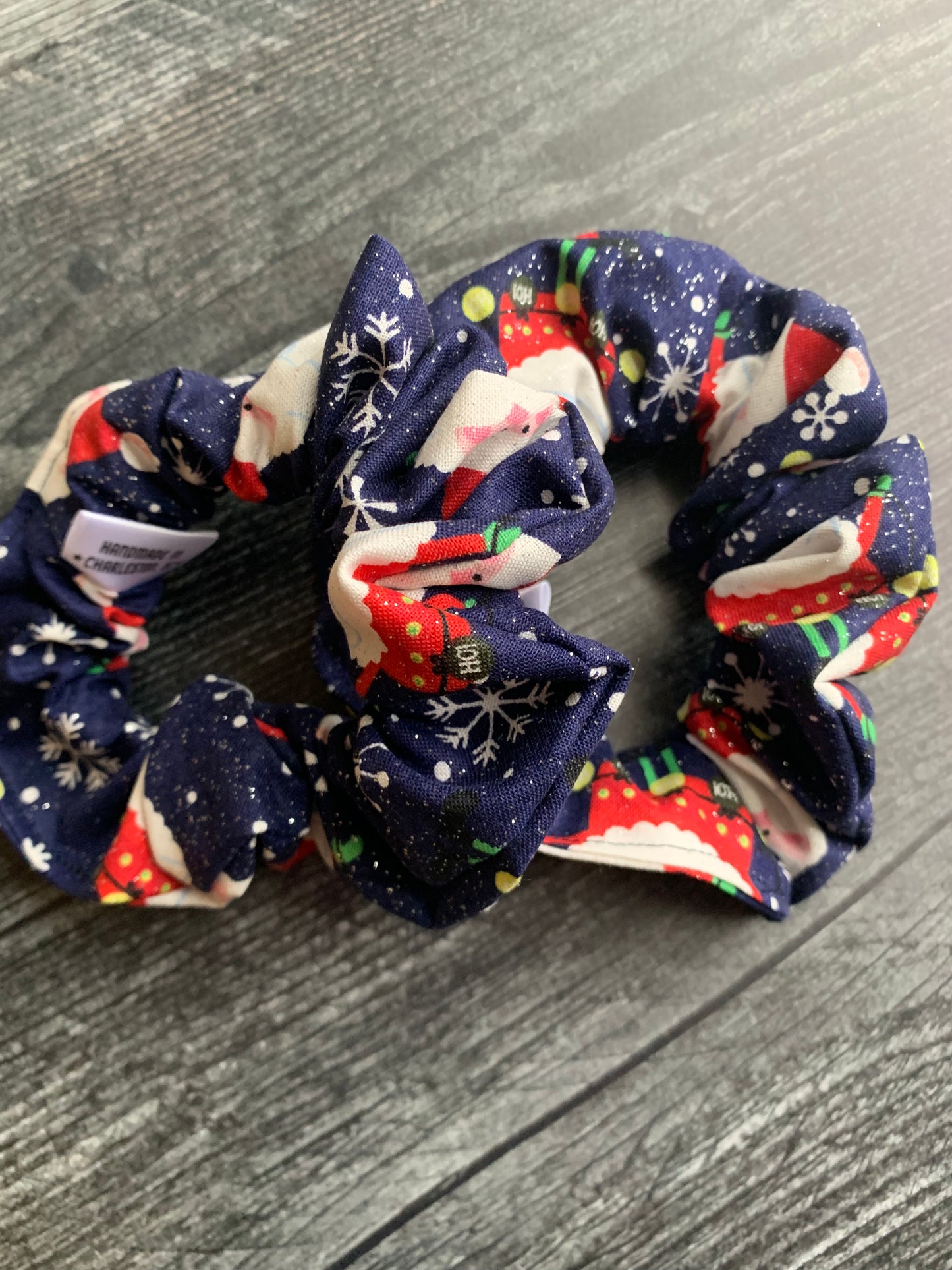 Sparkly Santas on Blue - Cotton Scrunchie