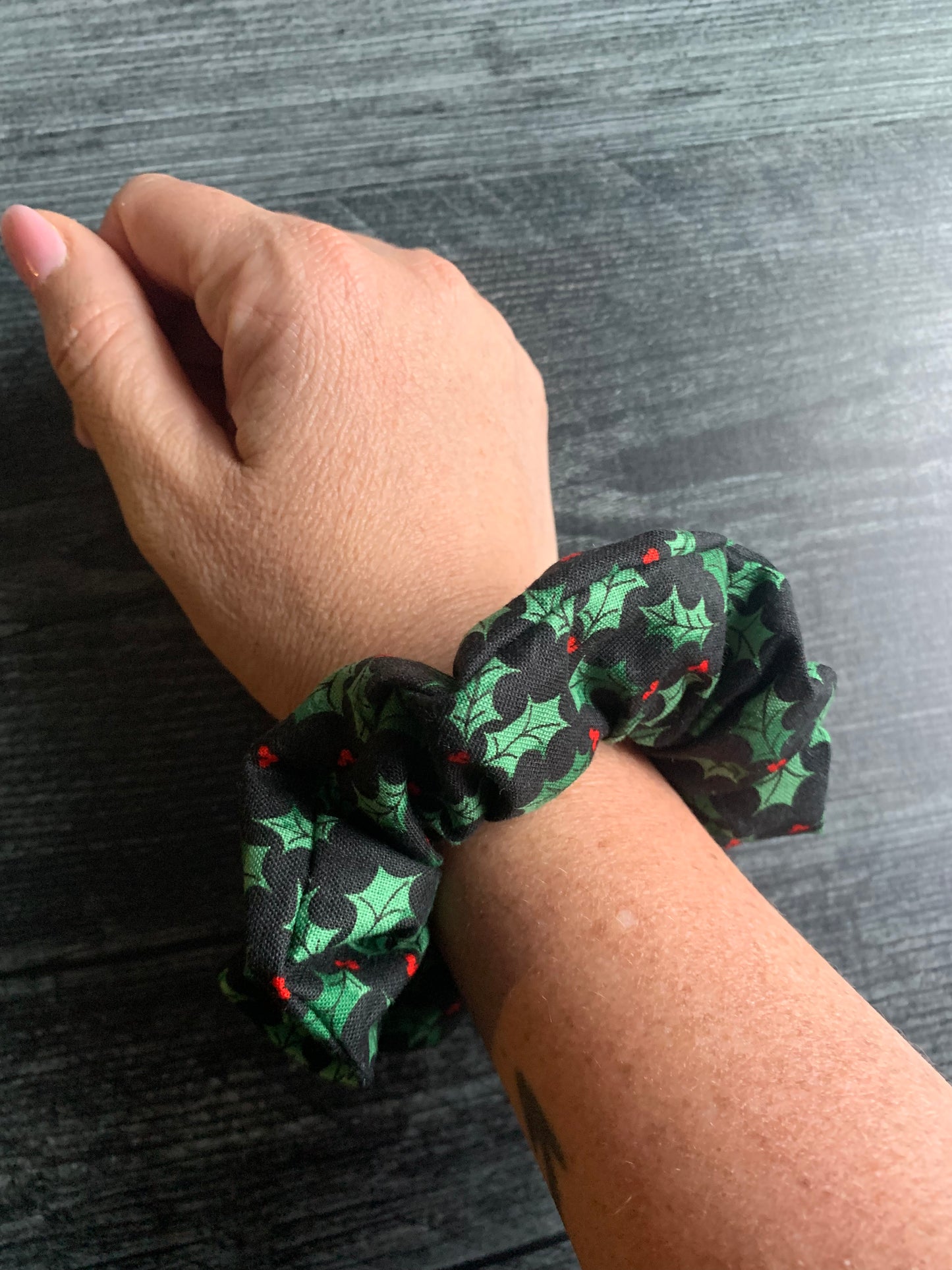 Holly on Black - Cotton Scrunchie