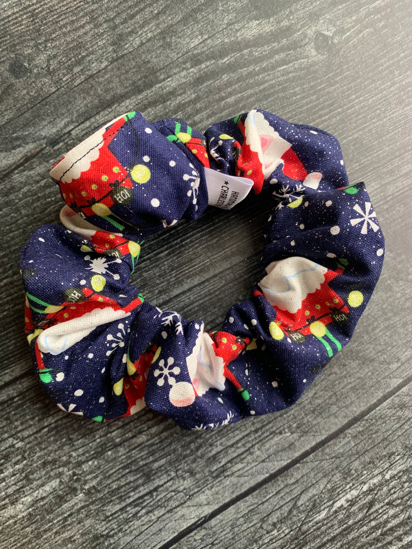 Sparkly Santas on Blue - Cotton Scrunchie