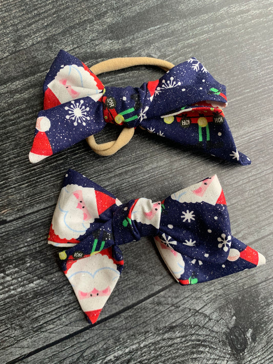 Sparkly Santas on Blue - Hair Bows