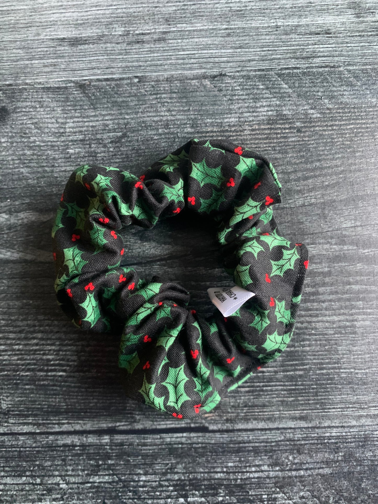 Holly on Black - Cotton Scrunchie